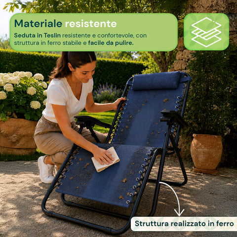 Klappbarer Gartenstuhl mit seitlichem Tablett – Tragfähigkeit 120 kg – Gestell aus Eisen und Teslin-Gewebe