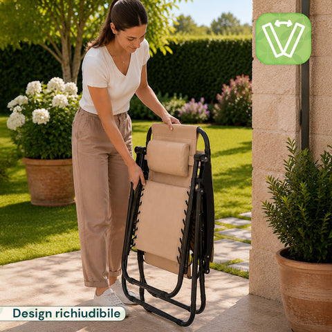 Klappbarer Gartenstuhl mit seitlichem Tablett – Tragfähigkeit 120 kg – Gestell aus Eisen und Teslin-Gewebe