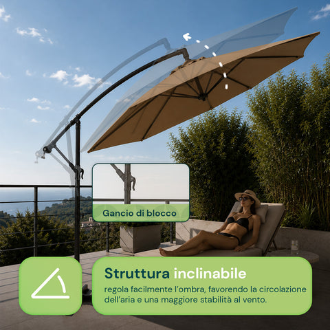 Runder Sonnenschirm Ø3 m mit seitlichem Arm aus Stahl, Kurbel, 180 g/m² Polyester, wasserdicht und UV-beständig, für Garten und Terrasse