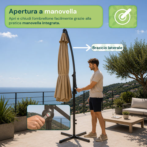 Runder Sonnenschirm Ø3 m mit seitlichem Arm aus Stahl, Kurbel, 180 g/m² Polyester, wasserdicht und UV-beständig, für Garten und Terrasse
