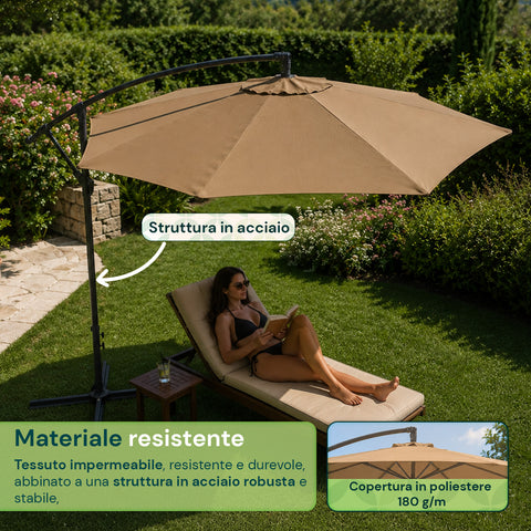 Runder Sonnenschirm Ø3 m mit seitlichem Arm aus Stahl, Kurbel, 180 g/m² Polyester, wasserdicht und UV-beständig, für Garten und Terrasse