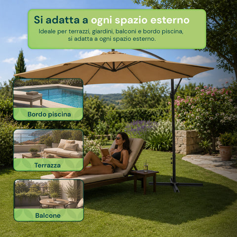 Runder Sonnenschirm Ø3 m mit seitlichem Arm aus Stahl, Kurbel, 180 g/m² Polyester, wasserdicht und UV-beständig, für Garten und Terrasse