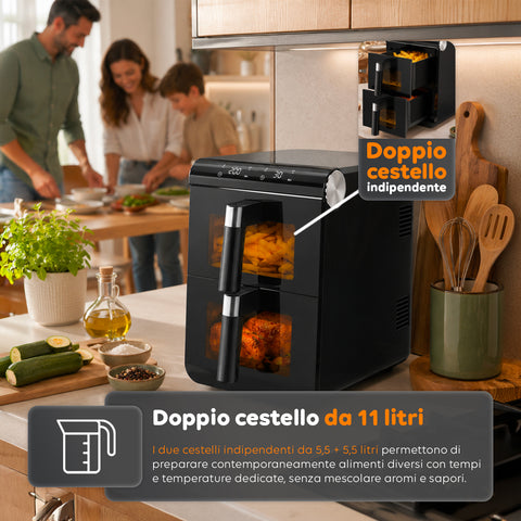 Heißluftfritteuse, 11 Liter, zwei Körbe, 2800 W, mit 13 Programmen, Touch-Steuerung und Zubehör