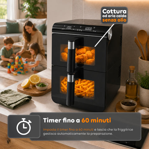 Heißluftfritteuse, 11 Liter, zwei Körbe, 2800 W, mit 13 Programmen, Touch-Steuerung und Zubehör