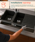 Küchenspüle mit zwei Becken, mit oder ohne Abtropffläche, weiß oder schwarz, inklusive Wasserhahn