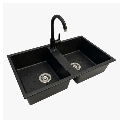 Küchenspüle mit zwei Becken, mit oder ohne Abtropffläche, Weiß oder Schwarz, Armatur inklusive