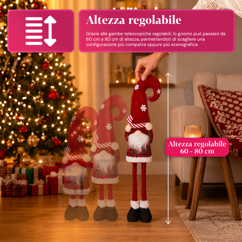 Ausziehbarer Weihnachtswichtel 80 cm mit rotem Hut und Schneeflocken – weihnachtliche Stoffdekoration im Tartan-Design mit verstellbarem Gestell