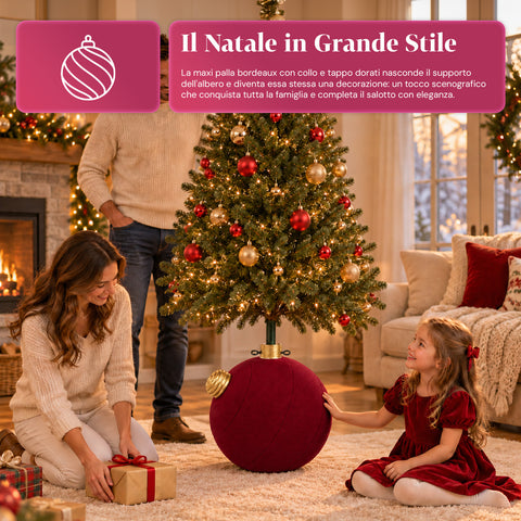 Weihnachtsbaumständer in Form einer großen Kugel mit Samteffekt, 41x41x44 cm, für Bäume bis 180 cm – Baumständer-Abdeckung mit Ø-4-cm-Halterung, Bordeauxrot und Grün