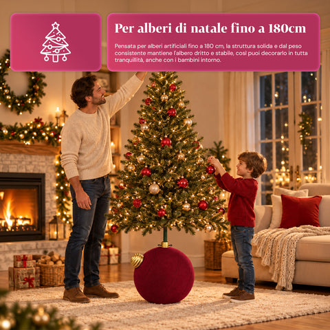 Weihnachtsbaumständer in Form einer großen Kugel mit Samteffekt, 41x41x44 cm, für Bäume bis 180 cm – Baumständer-Abdeckung mit Ø-4-cm-Halterung, Bordeauxrot und Grün