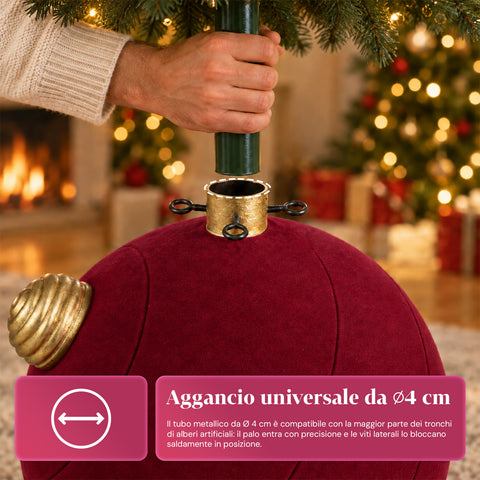 Weihnachtsbaumständer in Form einer großen Kugel mit Samteffekt, 41x41x44 cm, für Bäume bis 180 cm – Baumständer-Abdeckung mit Ø-4-cm-Halterung, Bordeauxrot und Grün