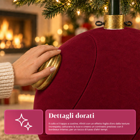 Weihnachtsbaumständer in Form einer großen Kugel mit Samteffekt, 41x41x44 cm, für Bäume bis 180 cm – Baumständer-Abdeckung mit Ø-4-cm-Halterung, Bordeauxrot und Grün