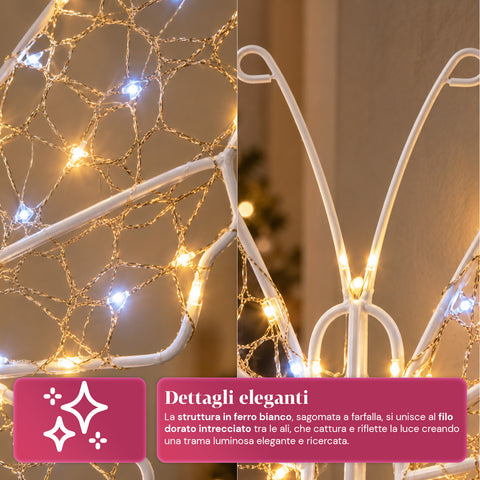 Weiße LED-Leucht-Schmetterlingsdekoration 50x40 cm – dekorative Eisenlampe mit goldenem Draht, warm- und kaltweißen Lichtern, USB-Stromversorgung und Haken
