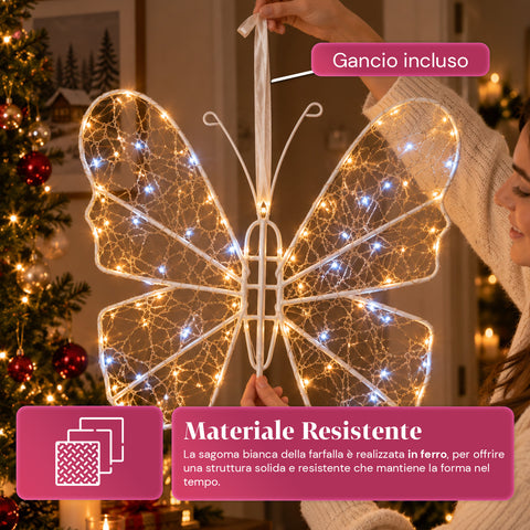 Weiße LED-Leucht-Schmetterlingsdekoration 50x40 cm – dekorative Eisenlampe mit goldenem Draht, warm- und kaltweißen Lichtern, USB-Stromversorgung und Haken
