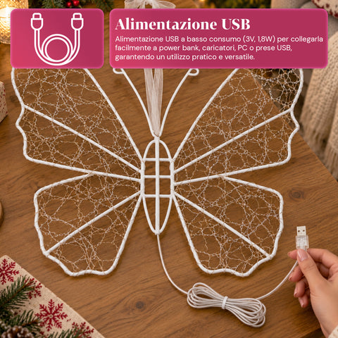 Weiße LED-Leucht-Schmetterlingsdekoration 50x40 cm – dekorative Eisenlampe mit goldenem Draht, warm- und kaltweißen Lichtern, USB-Stromversorgung und Haken