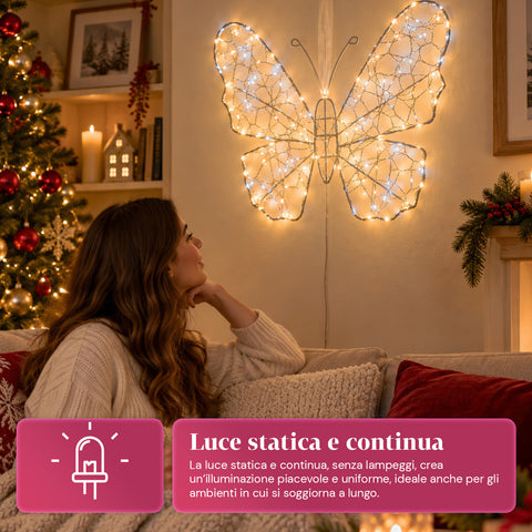 Weiße LED-Leucht-Schmetterlingsdekoration 50x40 cm – dekorative Eisenlampe mit goldenem Draht, warm- und kaltweißen Lichtern, USB-Stromversorgung und Haken