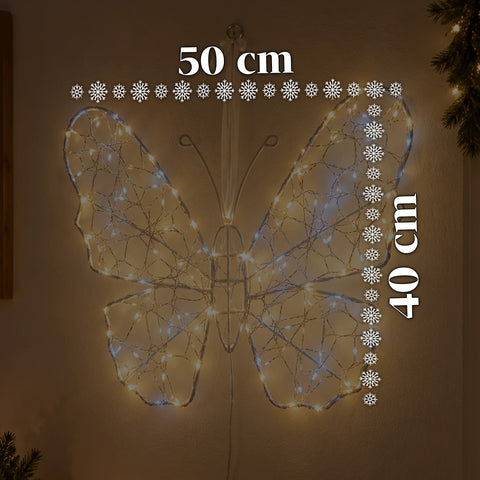 Weiße LED-Leucht-Schmetterlingsdekoration 50x40 cm – dekorative Eisenlampe mit goldenem Draht, warm- und kaltweißen Lichtern, USB-Stromversorgung und Haken