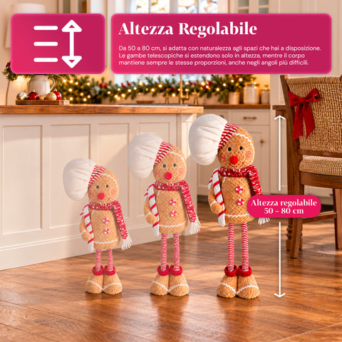 Ausziehbarer Weihnachtslebkuchenmann 50-80 cm, Weihnachtsdekoration aus Plüsch mit Teleskopbeinen, 2 Varianten