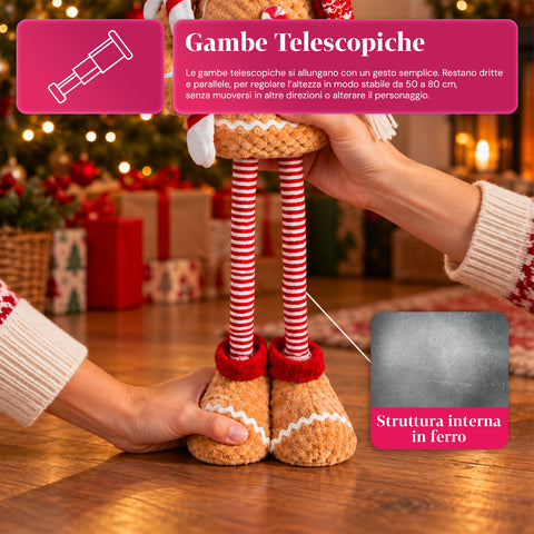 Ausziehbarer Weihnachtslebkuchenmann 50-80 cm, Weihnachtsdekoration aus Plüsch mit Teleskopbeinen, 2 Varianten