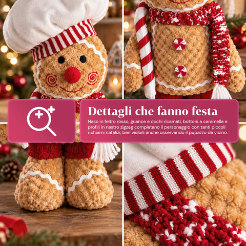 Lebkuchenmann Ginger aus Plüsch 30 und 40 cm – Weihnachtsdekoration mit Kochmütze oder Weihnachtsmütze