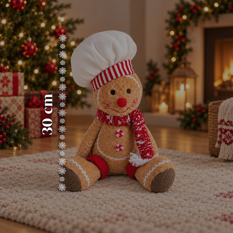 Lebkuchenmann Ginger aus Plüsch 30 und 40 cm – Weihnachtsdekoration mit Kochmütze oder Weihnachtsmütze