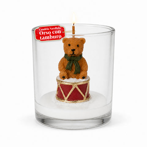 Weihnachtskerze im 7 cm großen Glas - Teddybär mit Weihnachtsmannmütze oder Bär auf der Trommel - Dekoration und Tischschmuck