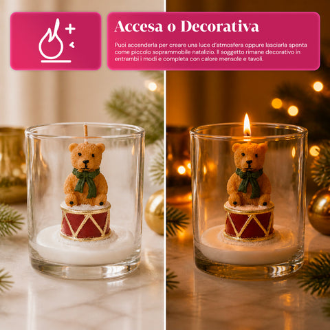 Weihnachtskerze im 7 cm großen Glas - Teddybär mit Weihnachtsmannmütze oder Bär auf der Trommel - Dekoration und Tischschmuck