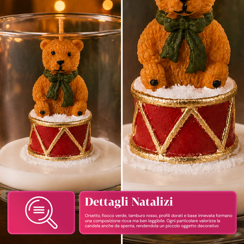 Weihnachtskerze im 7 cm großen Glas - Teddybär mit Weihnachtsmannmütze oder Bär auf der Trommel - Dekoration und Tischschmuck
