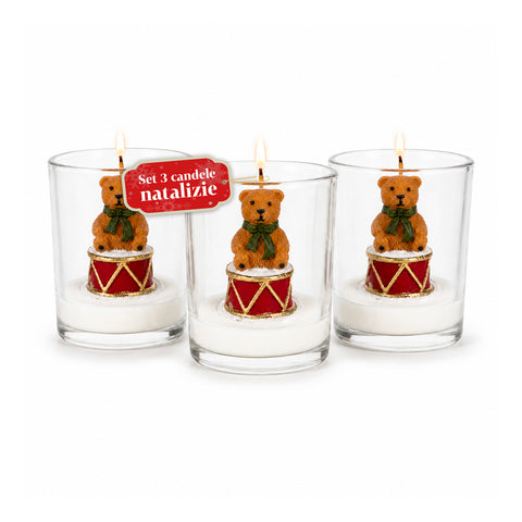 Weihnachtskerze im 7 cm großen Glas - Teddybär mit Weihnachtsmannmütze oder Bär auf der Trommel - Dekoration und Tischschmuck