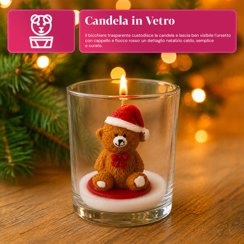 Weihnachtskerze im 7 cm großen Glas - Teddybär mit Weihnachtsmannmütze oder Bär auf der Trommel - Dekoration und Tischschmuck
