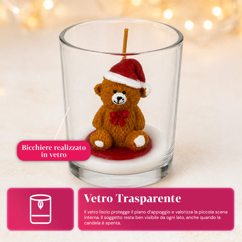 Weihnachtskerze im 7 cm großen Glas - Teddybär mit Weihnachtsmannmütze oder Bär auf der Trommel - Dekoration und Tischschmuck