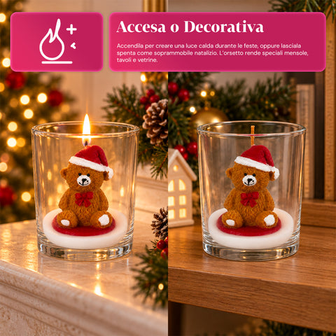 Weihnachtskerze im 7 cm großen Glas - Teddybär mit Weihnachtsmannmütze oder Bär auf der Trommel - Dekoration und Tischschmuck