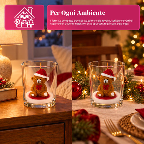 Weihnachtskerze im 7 cm großen Glas - Teddybär mit Weihnachtsmannmütze oder Bär auf der Trommel - Dekoration und Tischschmuck