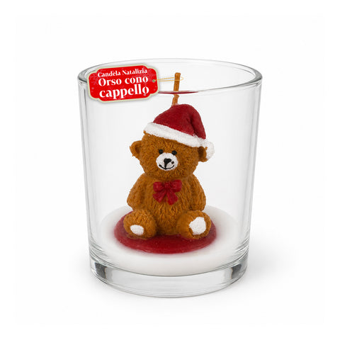 Weihnachtskerze im 7 cm großen Glas - Teddybär mit Weihnachtsmannmütze oder Bär auf der Trommel - Dekoration und Tischschmuck