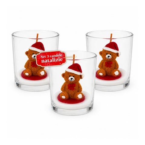 Weihnachtskerze im 7 cm großen Glas - Teddybär mit Weihnachtsmannmütze oder Bär auf der Trommel - Dekoration und Tischschmuck