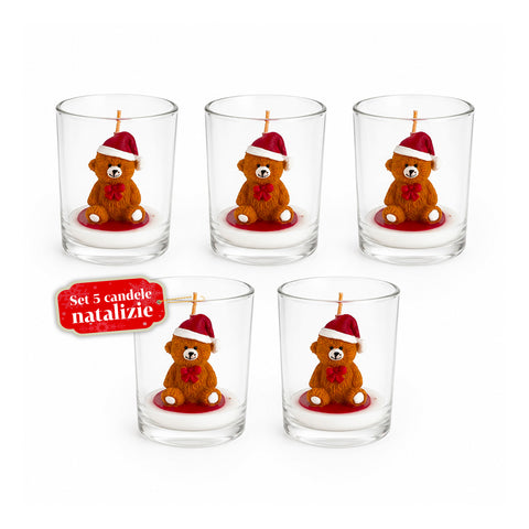 Weihnachtskerze im 7 cm großen Glas - Teddybär mit Weihnachtsmannmütze oder Bär auf der Trommel - Dekoration und Tischschmuck
