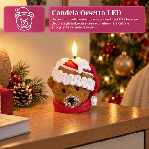 Batteriebetriebene LED-Weihnachtskerze in 3 Varianten – Weihnachtsmann mit Baum, Teddybär und Bärengesicht, realistisch wirkende Flamme, Weihnachtsdekoration