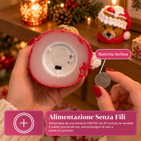 Batteriebetriebene LED-Weihnachtskerze in 3 Varianten – Weihnachtsmann mit Baum, Teddybär und Bärengesicht, realistisch wirkende Flamme, Weihnachtsdekoration