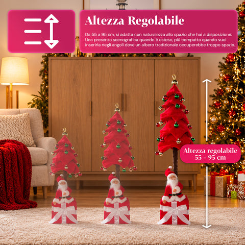 Dekorativer ausziehbarer Weihnachtsbaum, 95 cm und 90 cm, aus Polyester, mit Geschenkpaket-Basis und roten, grünen und goldenen Kugeln – 3 Farbvarianten