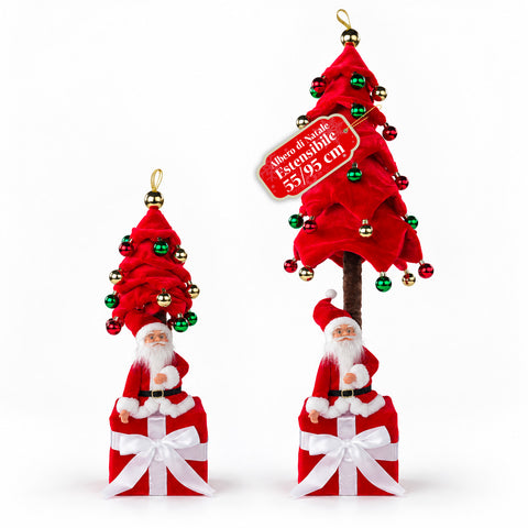 Dekorativer ausziehbarer Weihnachtsbaum, 95 cm und 90 cm, aus Polyester, mit Geschenkpaket-Basis und roten, grünen und goldenen Kugeln – 3 Farbvarianten