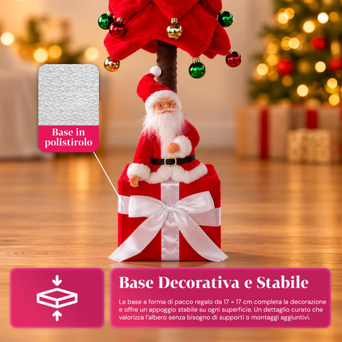 Dekorativer ausziehbarer Weihnachtsbaum, 95 cm und 90 cm, aus Polyester, mit Geschenkpaket-Basis und roten, grünen und goldenen Kugeln – 3 Farbvarianten