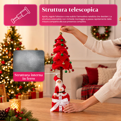Dekorativer ausziehbarer Weihnachtsbaum, 95 cm und 90 cm, aus Polyester, mit Geschenkpaket-Basis und roten, grünen und goldenen Kugeln – 3 Farbvarianten