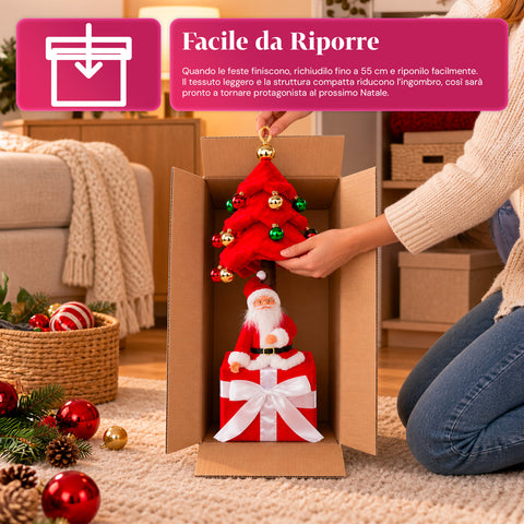 Dekorativer ausziehbarer Weihnachtsbaum, 95 cm und 90 cm, aus Polyester, mit Geschenkpaket-Basis und roten, grünen und goldenen Kugeln – 3 Farbvarianten