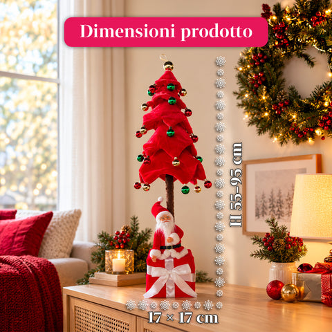 Dekorativer ausziehbarer Weihnachtsbaum, 95 cm und 90 cm, aus Polyester, mit Geschenkpaket-Basis und roten, grünen und goldenen Kugeln – 3 Farbvarianten