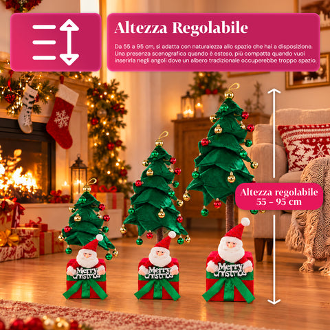 Dekorativer ausziehbarer Weihnachtsbaum, 95 cm und 90 cm, aus Polyester, mit Geschenkpaket-Basis und roten, grünen und goldenen Kugeln – 3 Farbvarianten