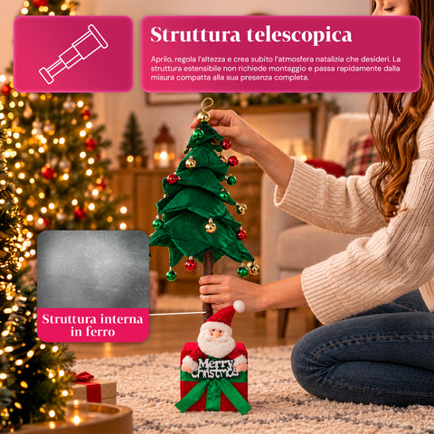 Dekorativer ausziehbarer Weihnachtsbaum, 95 cm und 90 cm, aus Polyester, mit Geschenkpaket-Basis und roten, grünen und goldenen Kugeln – 3 Farbvarianten