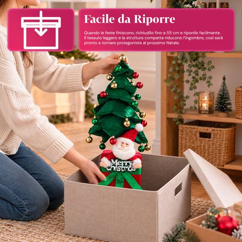 Dekorativer ausziehbarer Weihnachtsbaum, 95 cm und 90 cm, aus Polyester, mit Geschenkpaket-Basis und roten, grünen und goldenen Kugeln – 3 Farbvarianten