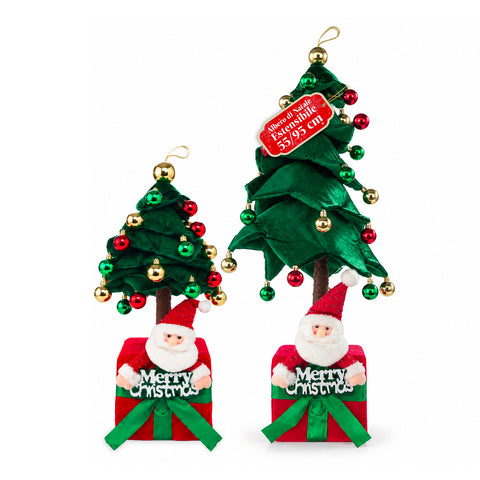 Dekorativer ausziehbarer Weihnachtsbaum, 95 cm und 90 cm, aus Polyester, mit Geschenkpaket-Basis und roten, grünen und goldenen Kugeln – 3 Farbvarianten