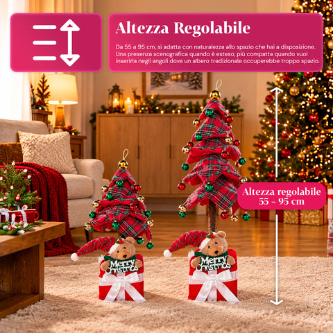 Dekorativer ausziehbarer Weihnachtsbaum, 95 cm und 90 cm, aus Polyester, mit Geschenkpaket-Basis und roten, grünen und goldenen Kugeln – 3 Farbvarianten