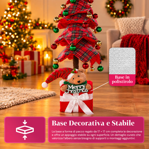 Dekorativer ausziehbarer Weihnachtsbaum, 95 cm und 90 cm, aus Polyester, mit Geschenkpaket-Basis und roten, grünen und goldenen Kugeln – 3 Farbvarianten