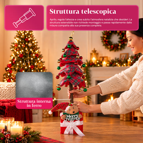 Dekorativer ausziehbarer Weihnachtsbaum, 95 cm und 90 cm, aus Polyester, mit Geschenkpaket-Basis und roten, grünen und goldenen Kugeln – 3 Farbvarianten